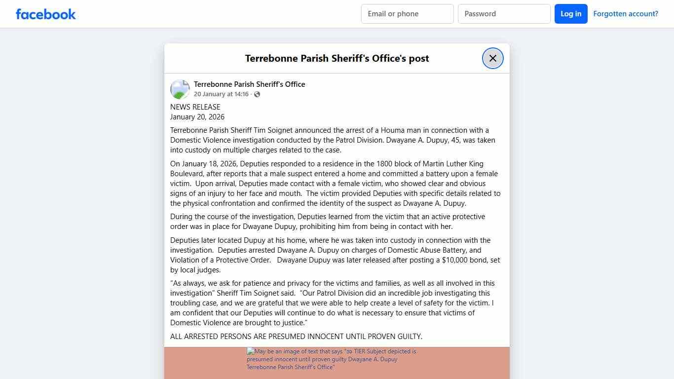 NEWS RELEASE January... - Terrebonne Parish Sheriff's Office Facebook