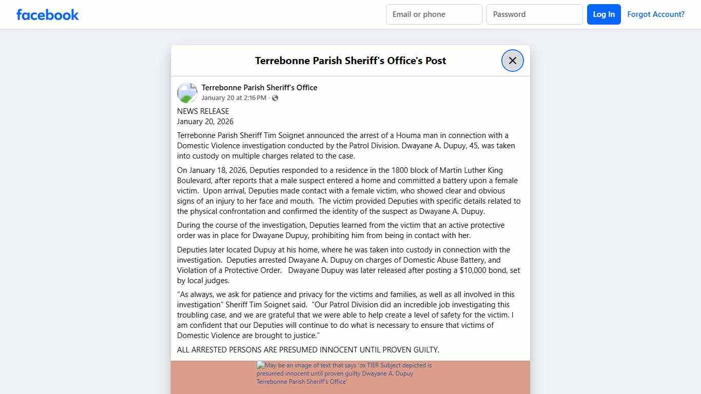 NEWS RELEASE January... - Terrebonne Parish Sheriff's Office Facebook