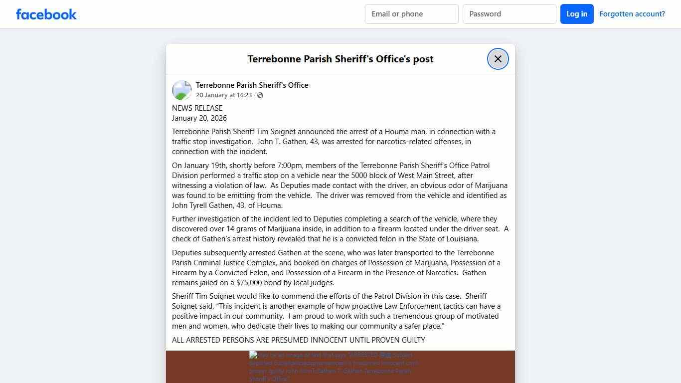 NEWS RELEASE January... - Terrebonne Parish Sheriff's Office Facebook