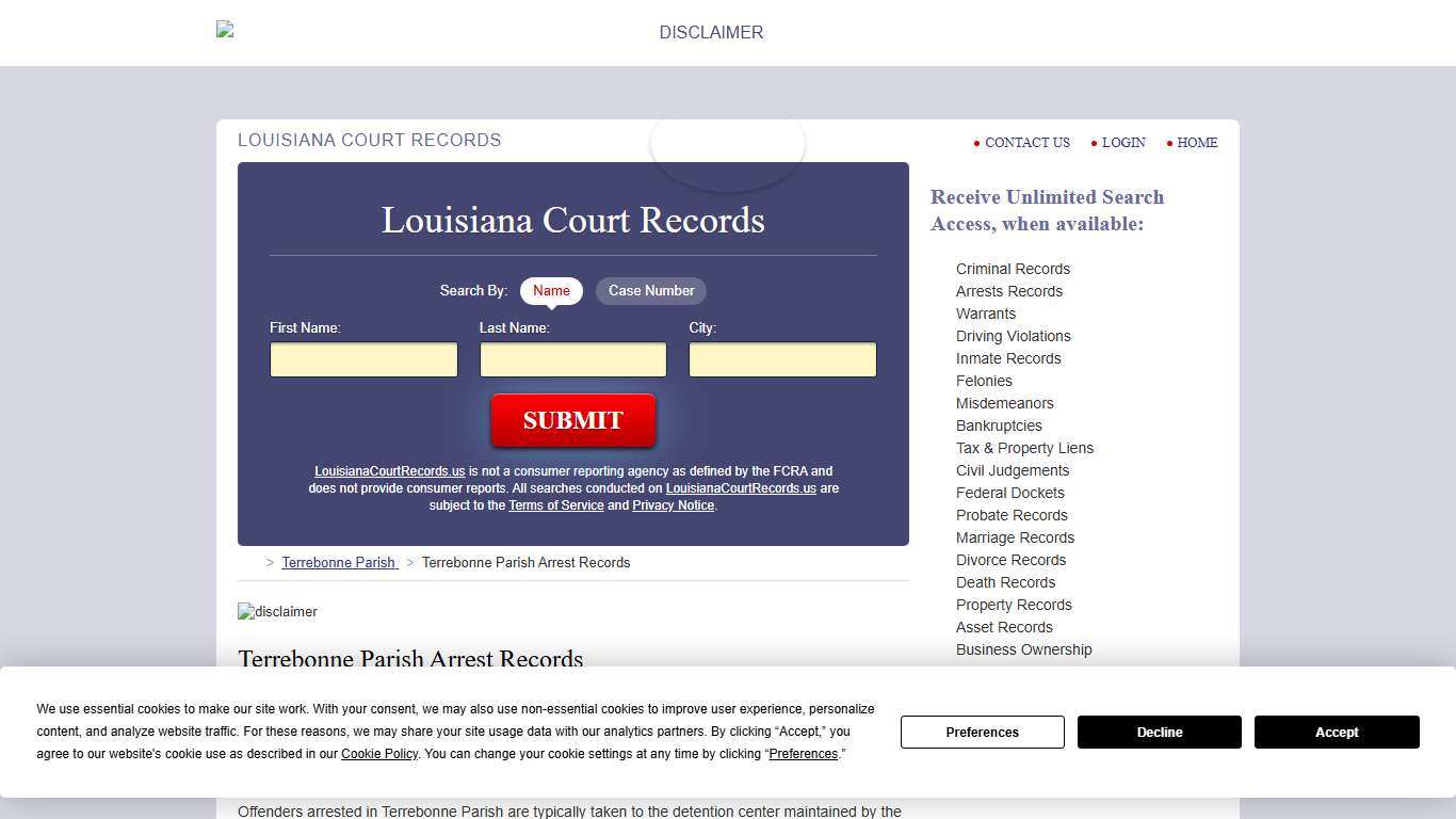 Terrebonne Parish Arrest Records LouisianaCourtRecords.us